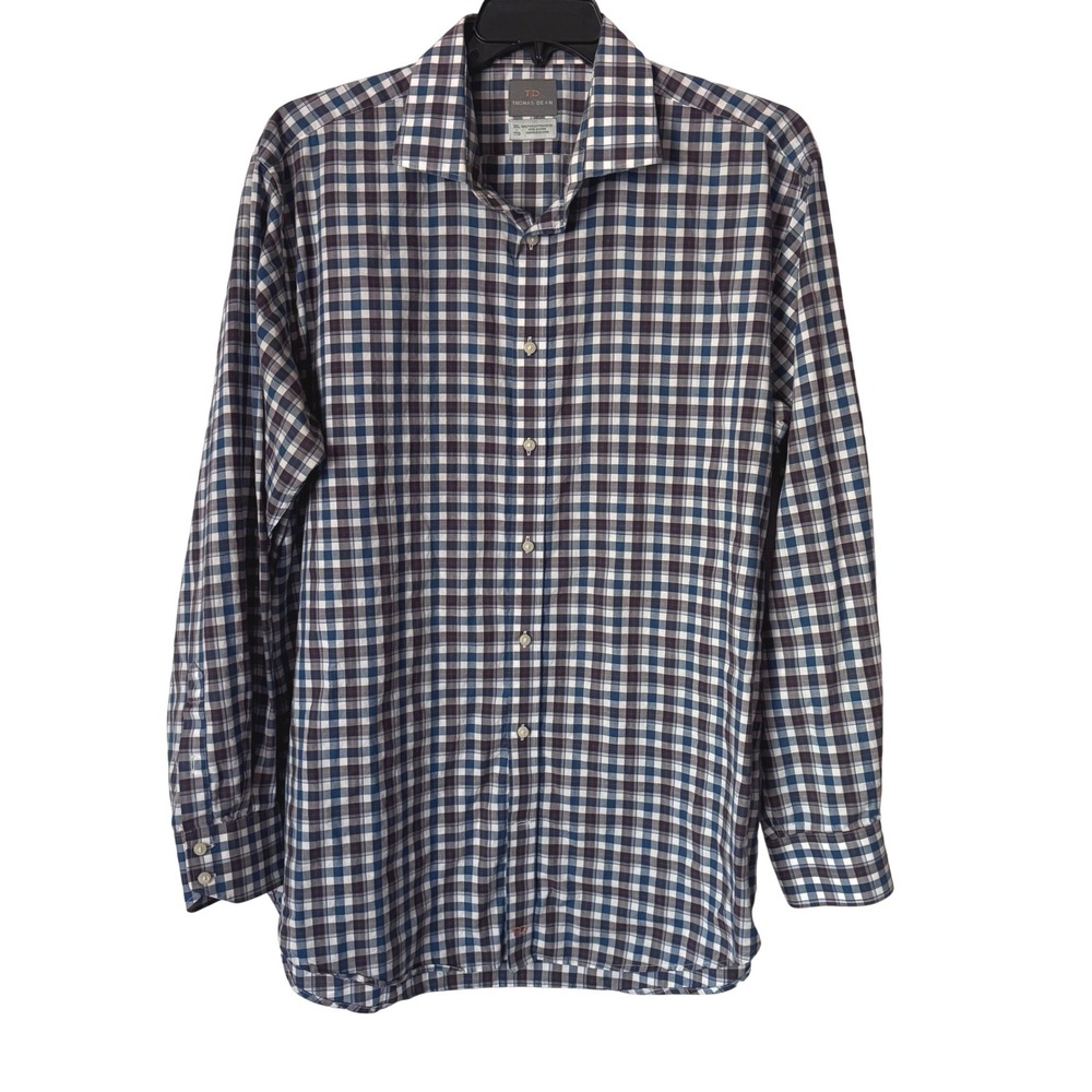 Thomas Dean Mens XXL Button Up Shirt Long Sleeve Plaid Blue Pima Cotton